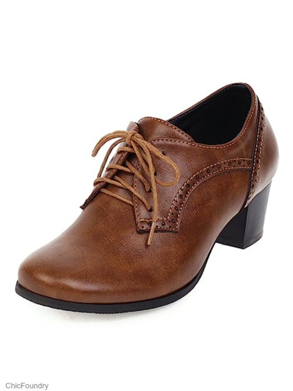 Chunky Heel Oxfords Lace Up Wingtip PU Women's Pumps Block Heel Round Toe